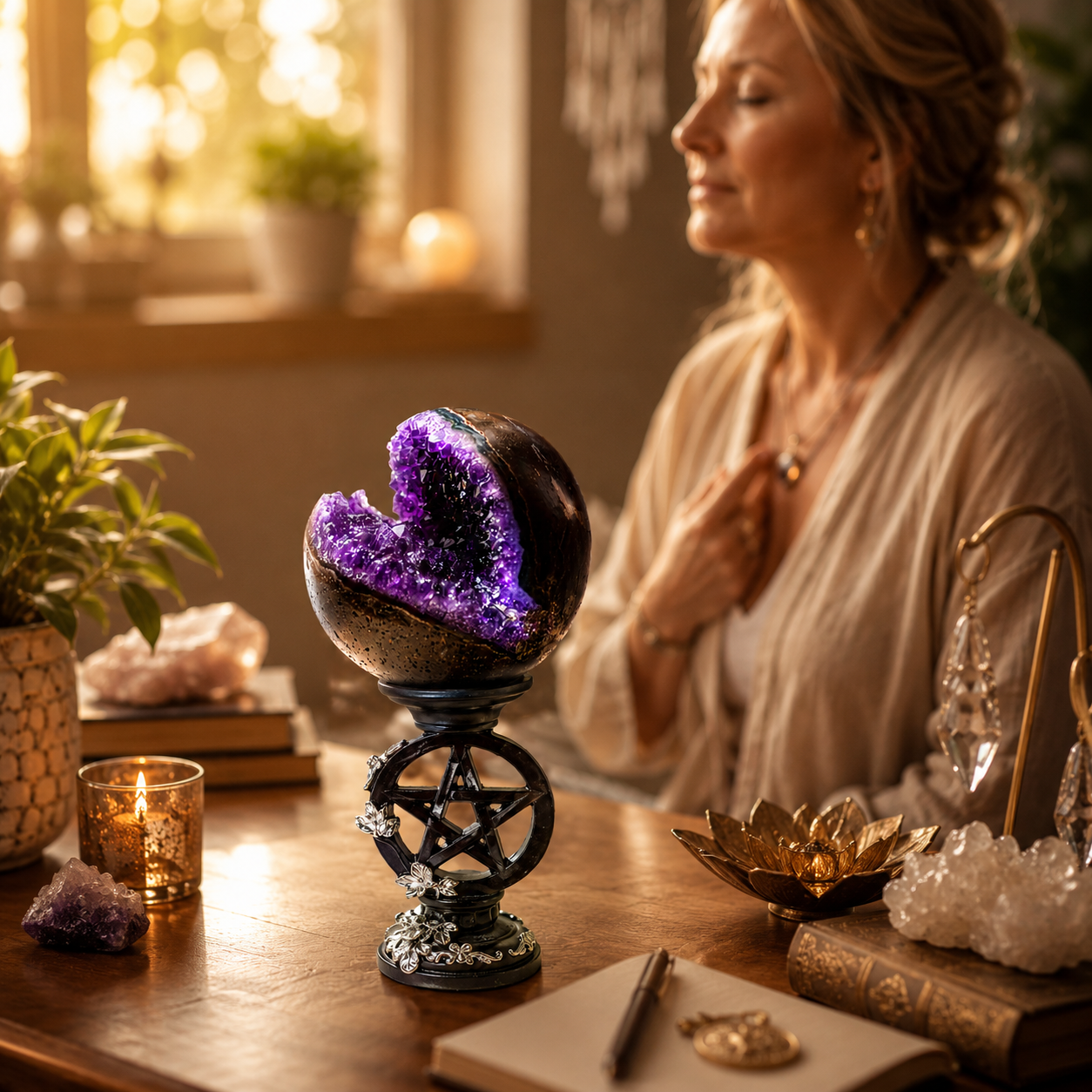 Abundance, Intuition & Positive Energy — Amethyst Open-Mouth Geode Sphere for Manifestation, Desk, Home & Altar Décor, 1.97–3.54 in. Diameter