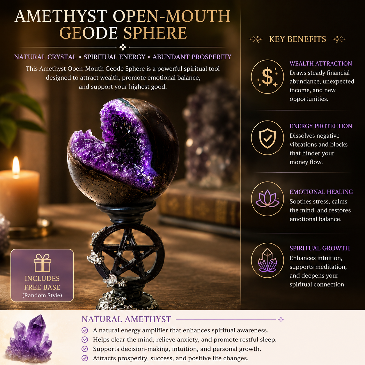 Abundance, Intuition & Positive Energy — Amethyst Open-Mouth Geode Sphere for Manifestation, Desk, Home & Altar Décor, 1.97–3.54 in. Diameter