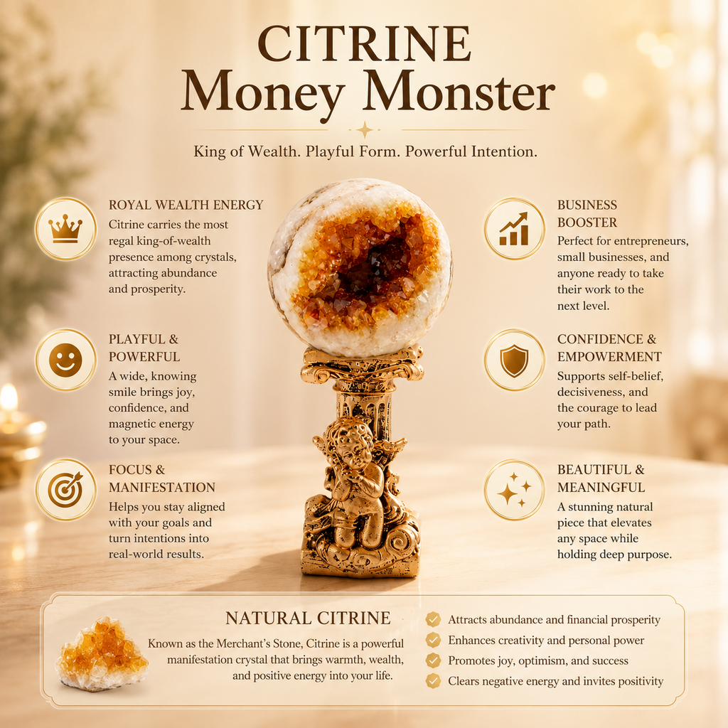 Prosperity, Abundance & Business Motivation — Royal Yellow Citrine “Little Monster” Crystal Sphere for Entrepreneurs, Office & Desk Décor