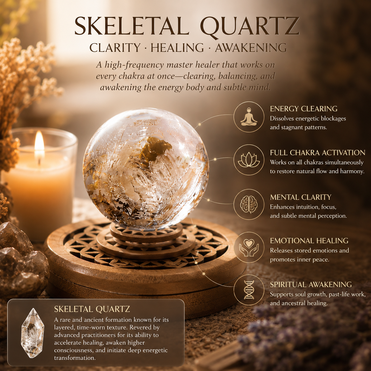 Insight, Reflection & Spiritual Growth — Skeletal Quartz Crystal Sphere for Meditation, Past-Life Exploration & Altar Décor, Approx. 1.6–2.0 in. Diameter