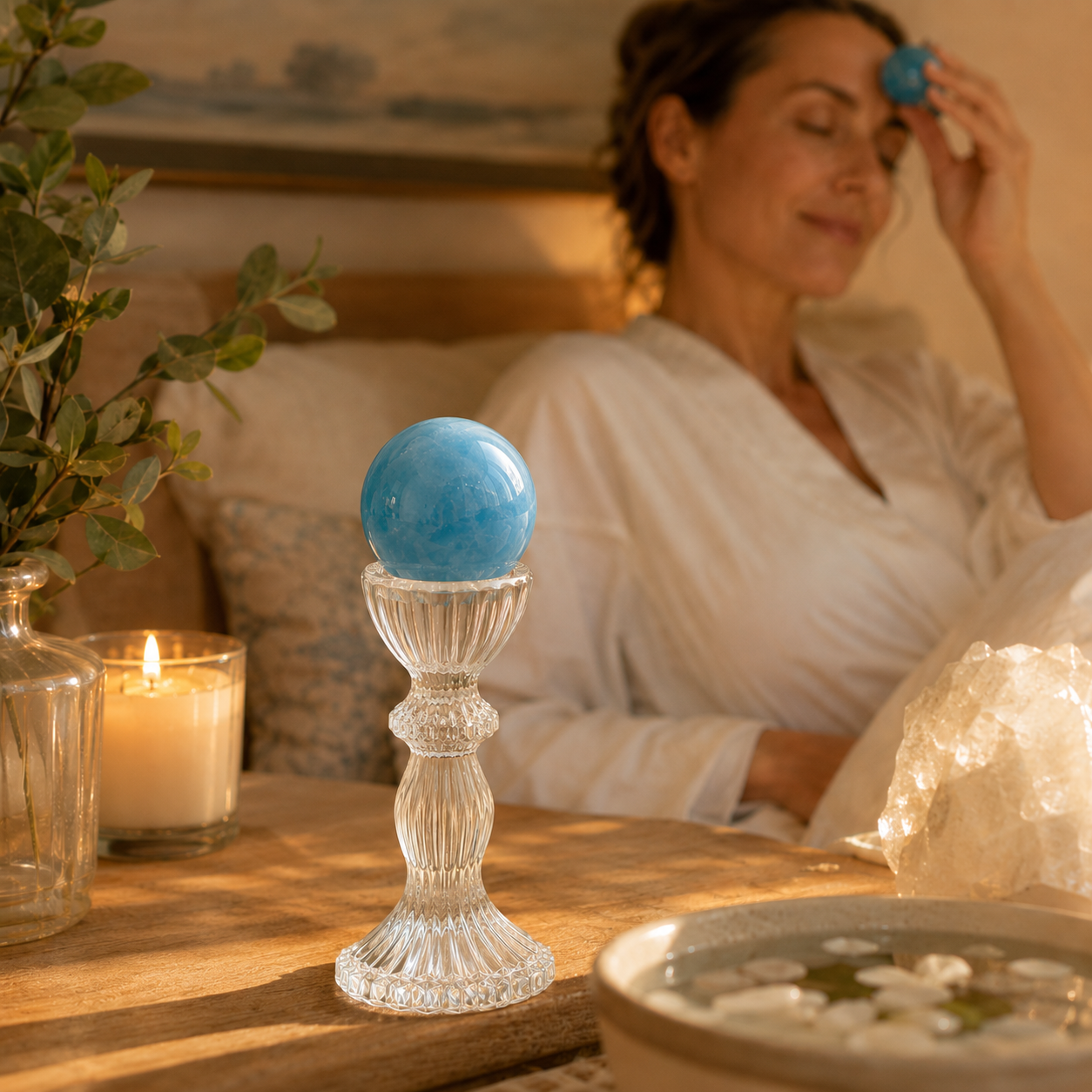 Calm Energy, Communication & Confidence — Aquamarine “Mermaid Stone” Crystal Sphere for Throat Chakra, Meditation, Desk & Altar Décor