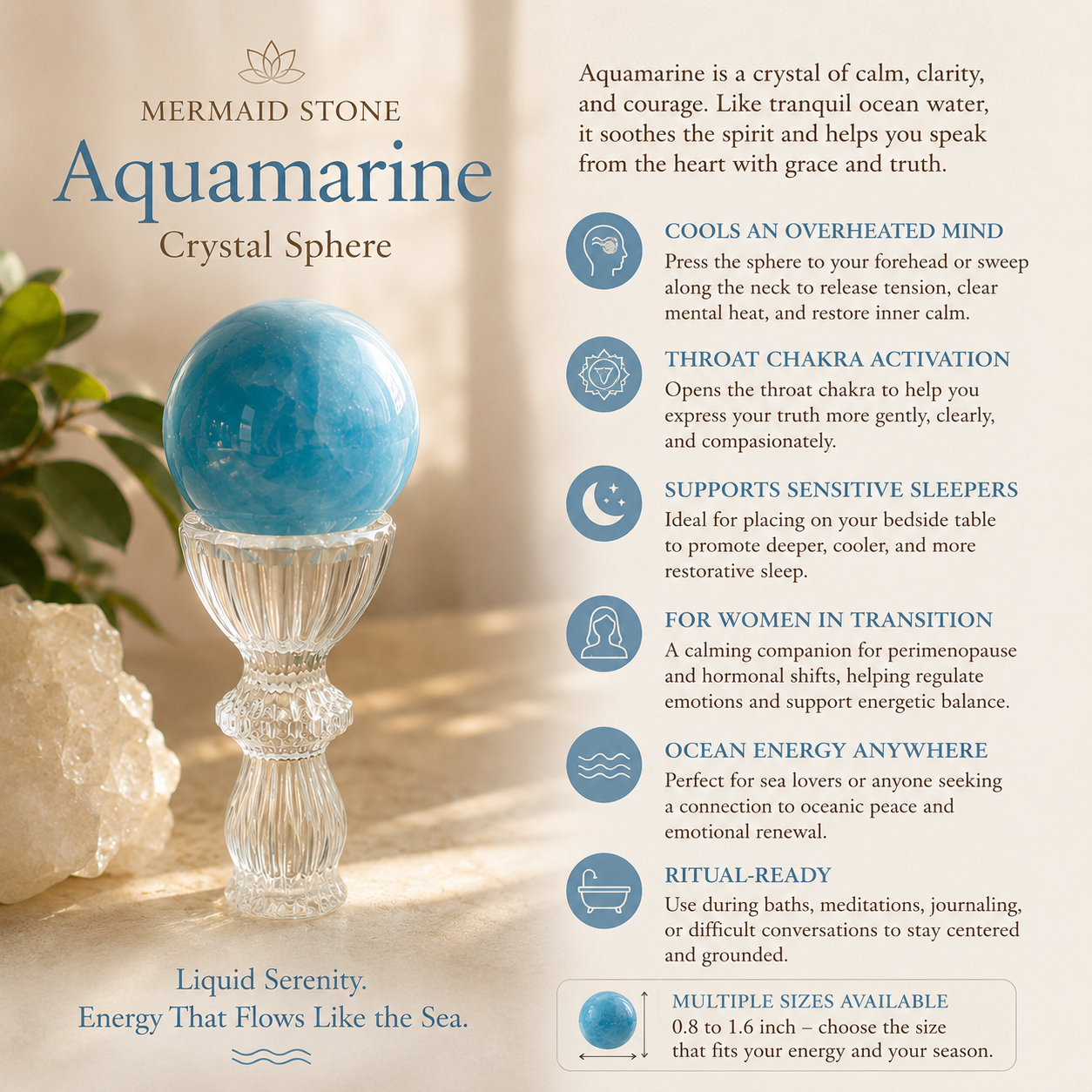 Calm Energy, Communication & Confidence — Aquamarine “Mermaid Stone” Crystal Sphere for Throat Chakra, Meditation, Desk & Altar Décor