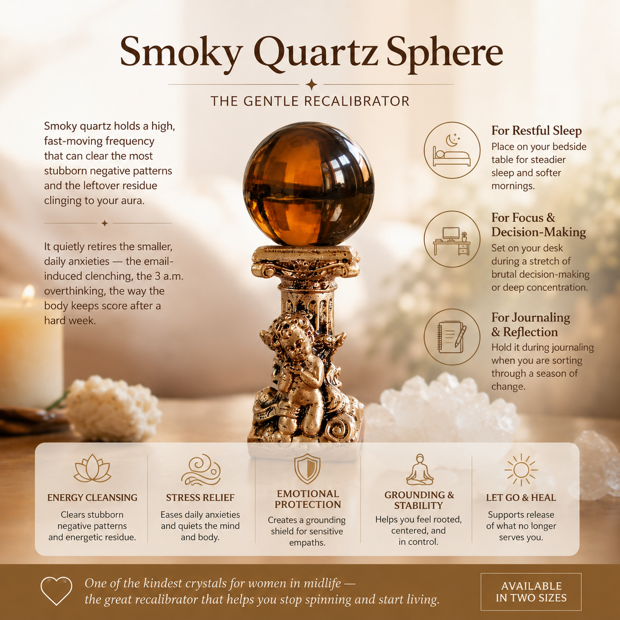 Grounding, Protection & Positive Energy — Smoky Quartz Crystal Sphere for Meditation, Daily Intentions, Altar & Home Décor