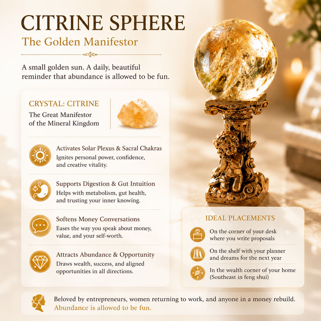Abundance, Confidence & Motivation — Citrine Crystal Sphere for Solar Plexus, Manifestation Altar, Office & Prosperity Décor