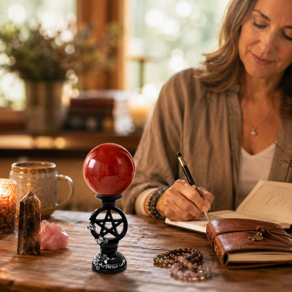 Grounding, Stability & Earth Connection — Red Jasper Crystal Sphere for Root Chakra Meditation, Altar, Desk & Sacred Space Décor