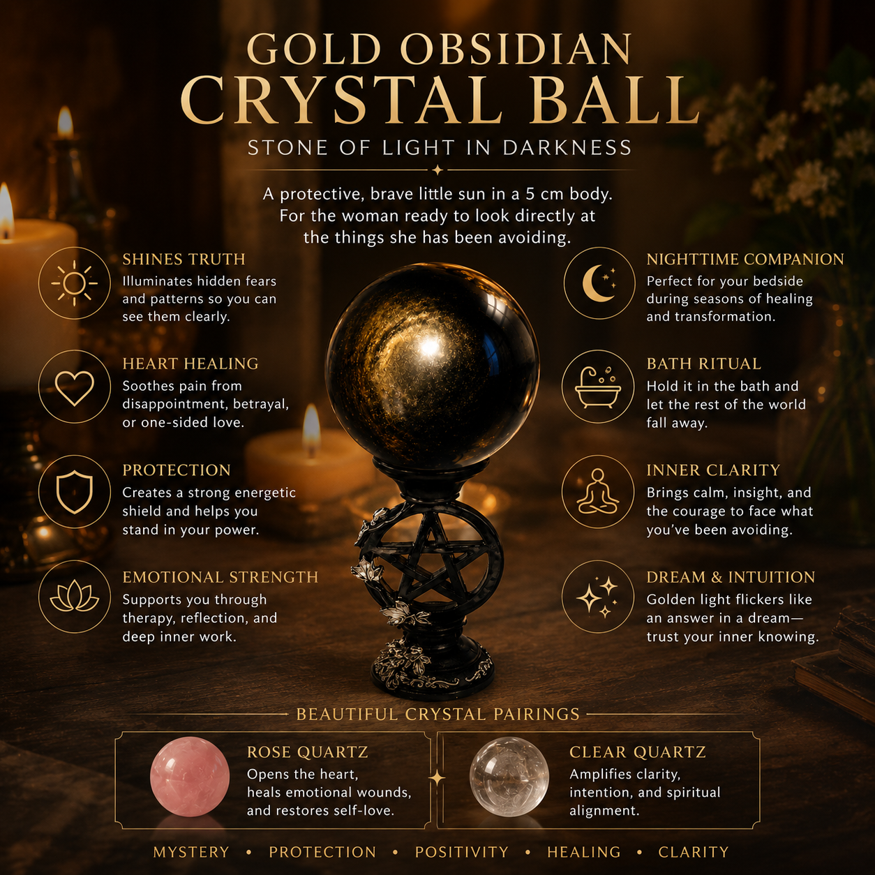 Protection, Grounding & Inner Strength — Gold Sheen Obsidian Crystal Sphere for Meditation, Shadow Work, Altar & Spiritual Décor