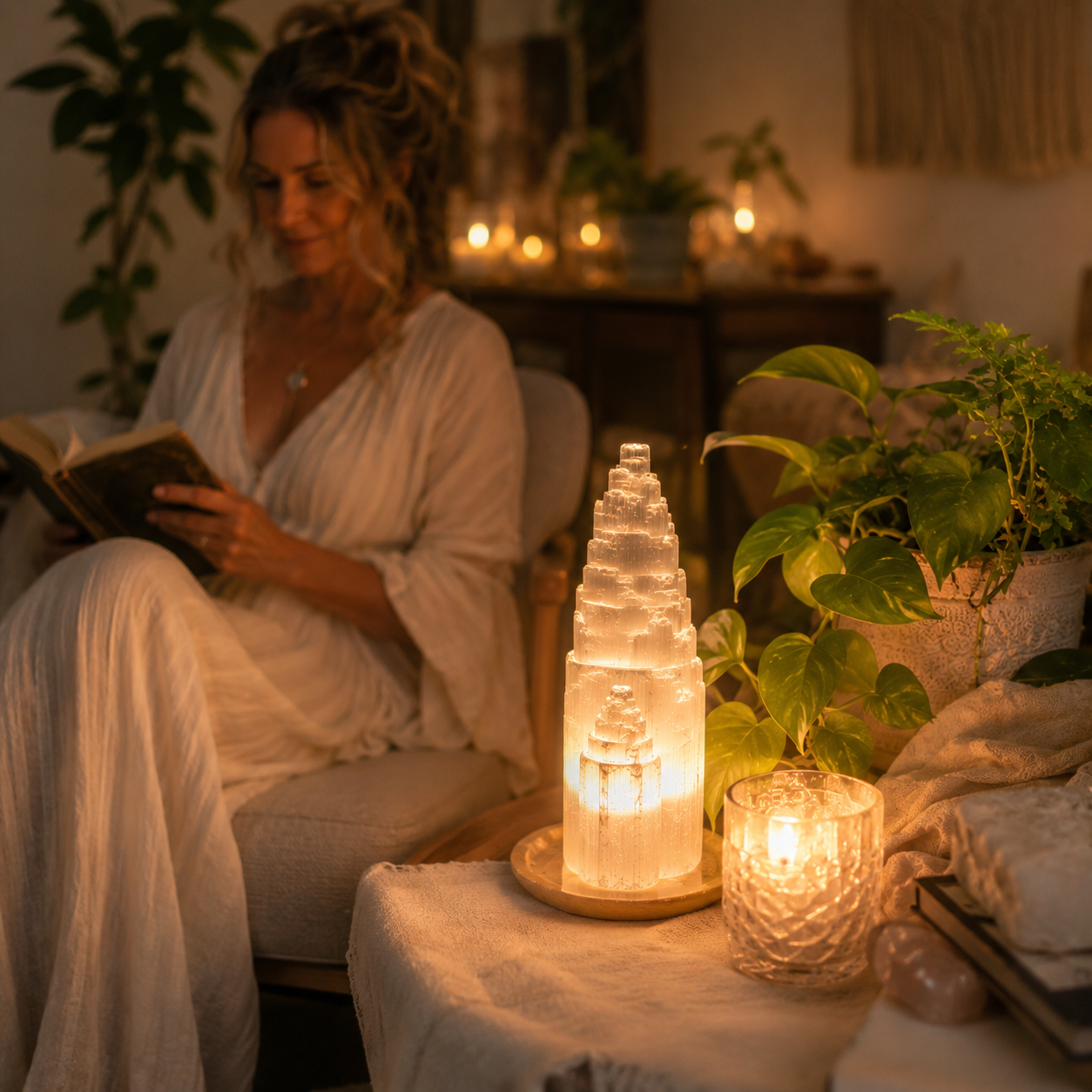 Energy Cleansing & Spiritual Ambiance — Selenite Lighthouse Crystal Lamp for Crown Chakra, Bedroom, Altar & Meditation Space Décor