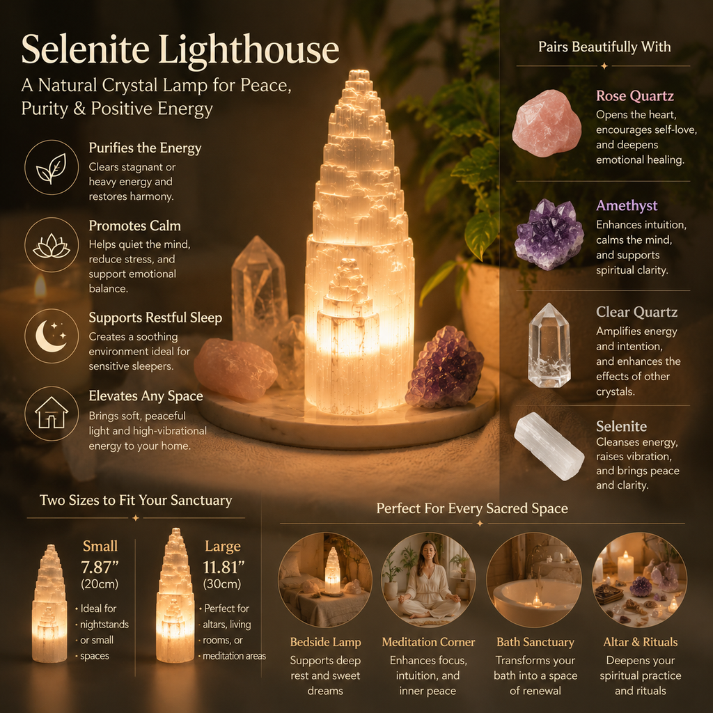 Energy Cleansing & Spiritual Ambiance — Selenite Lighthouse Crystal Lamp for Crown Chakra, Bedroom, Altar & Meditation Space Décor