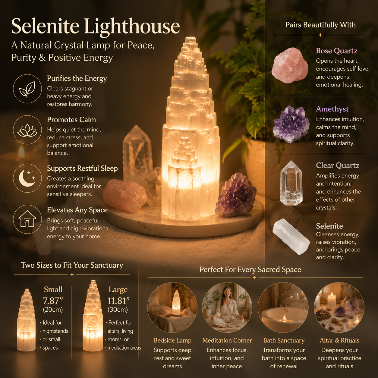 Energy Cleansing & Spiritual Ambiance — Selenite Lighthouse Crystal Lamp for Crown Chakra, Bedroom, Altar & Meditation Space Décor