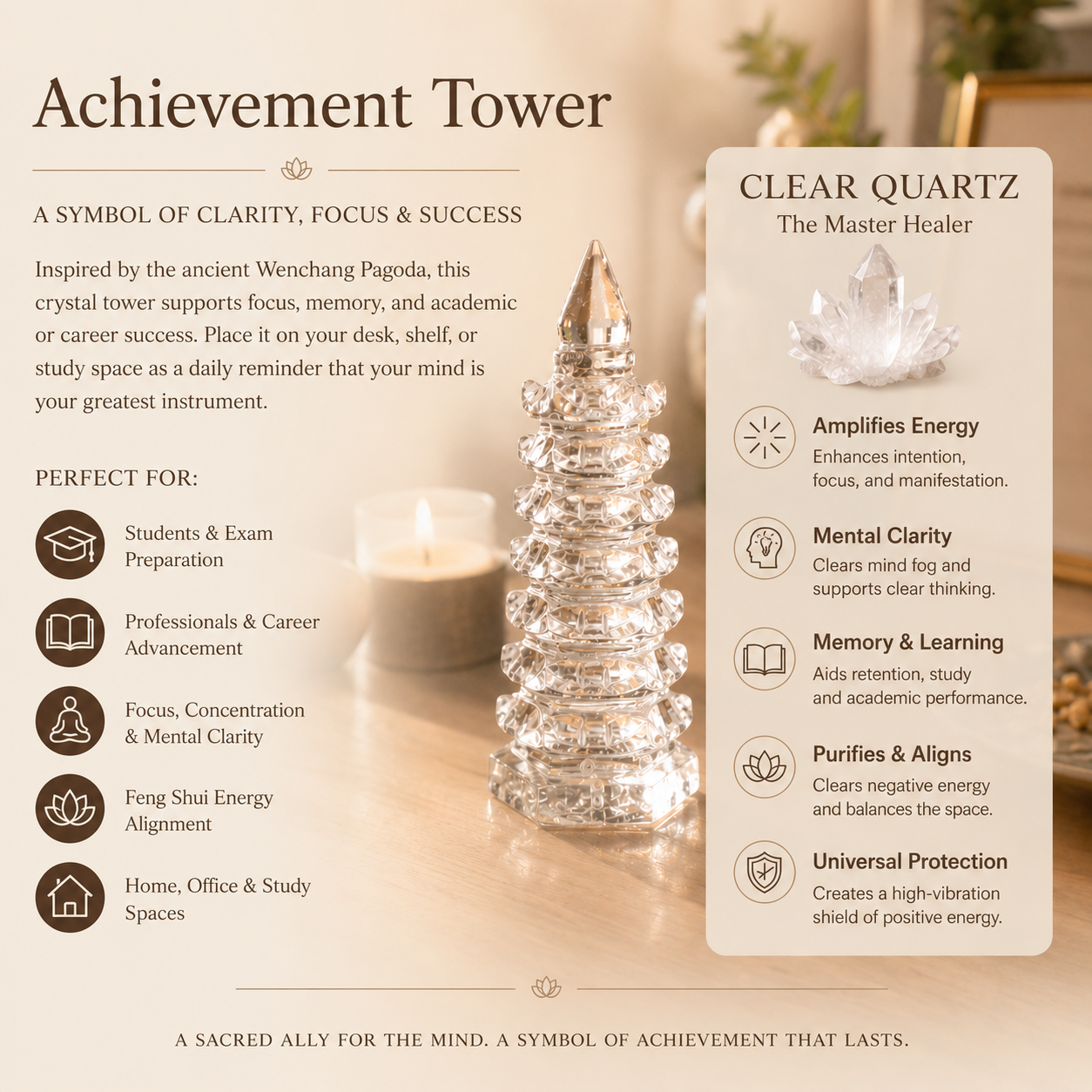Clarity, Focus & Career Motivation — Clear Quartz Wenchang Pagoda Tower for Students, Exam Preparation, Office & Study Desk Décor