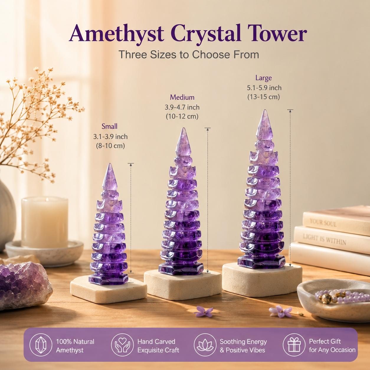 Focus, Wisdom & Study Motivation — Amethyst Wenchang Pagoda Tower for Students, Exam Preparation, Graduate School & Desk Décor