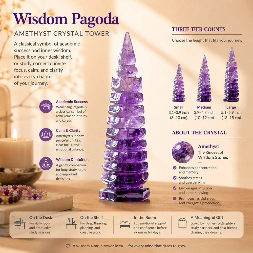 Focus, Wisdom & Study Motivation — Amethyst Wenchang Pagoda Tower for Students, Exam Preparation, Graduate School & Desk Décor
