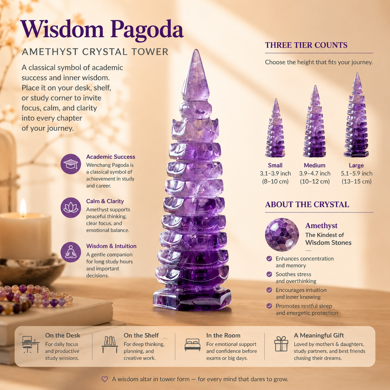 Focus, Wisdom & Study Motivation — Amethyst Wenchang Pagoda Tower for Students, Exam Preparation, Graduate School & Desk Décor