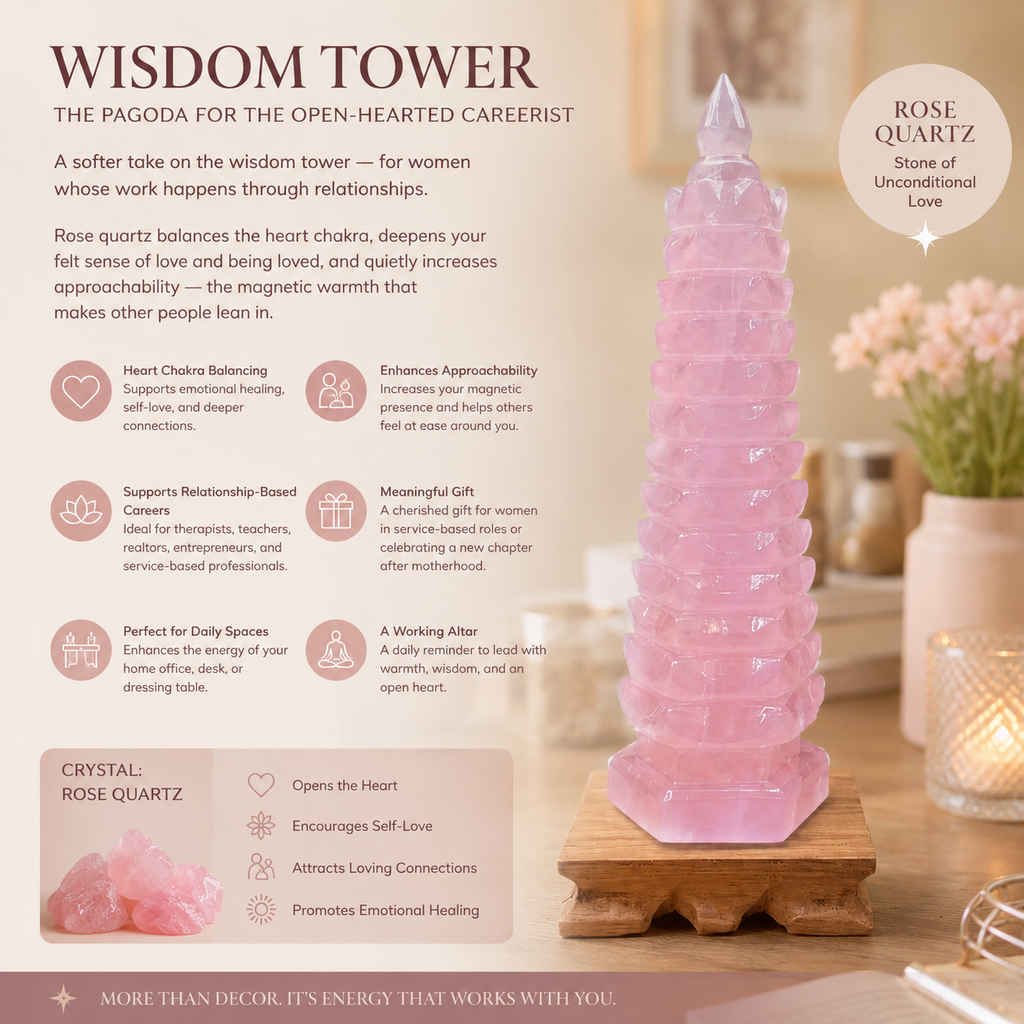 Focus, Confidence & Positive Connections — Rose Quartz Wenchang Pagoda Study Tower for Desk, Office & Feng Shui Décor