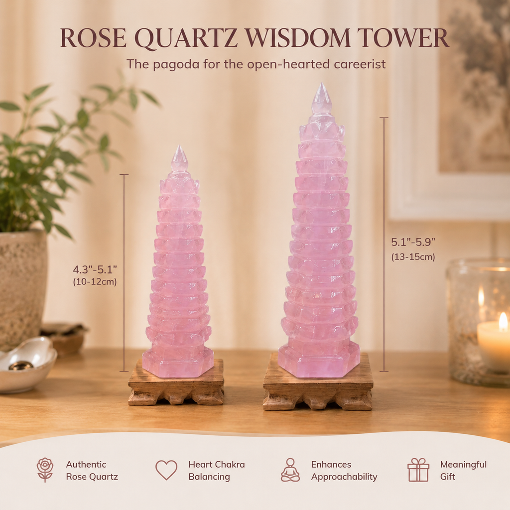 Focus, Confidence & Positive Connections — Rose Quartz Wenchang Pagoda Study Tower for Desk, Office & Feng Shui Décor