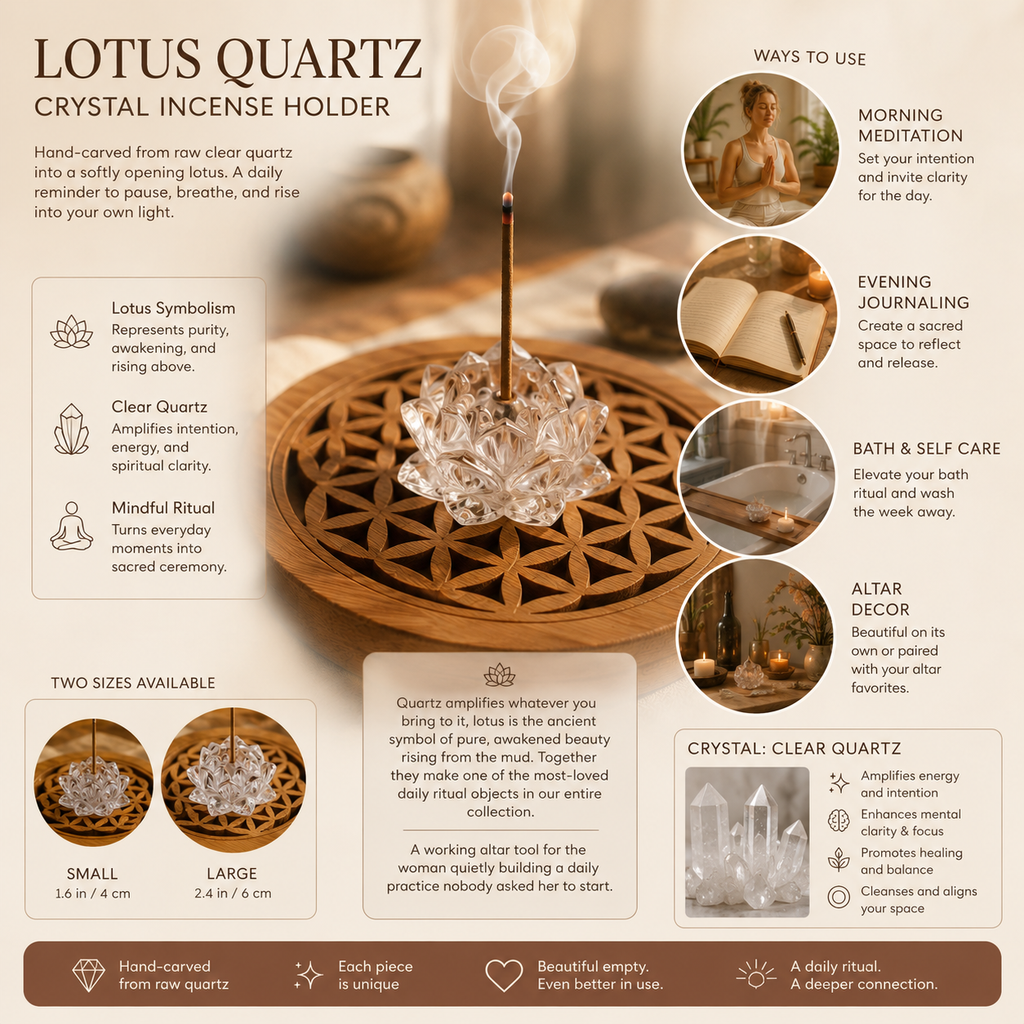 Clarity & Positive Energy Lotus Incense Holder — Hand-Carved Clear Quartz Crystal for Meditation, Yoga Studio, Altar & Sacred Space Décor