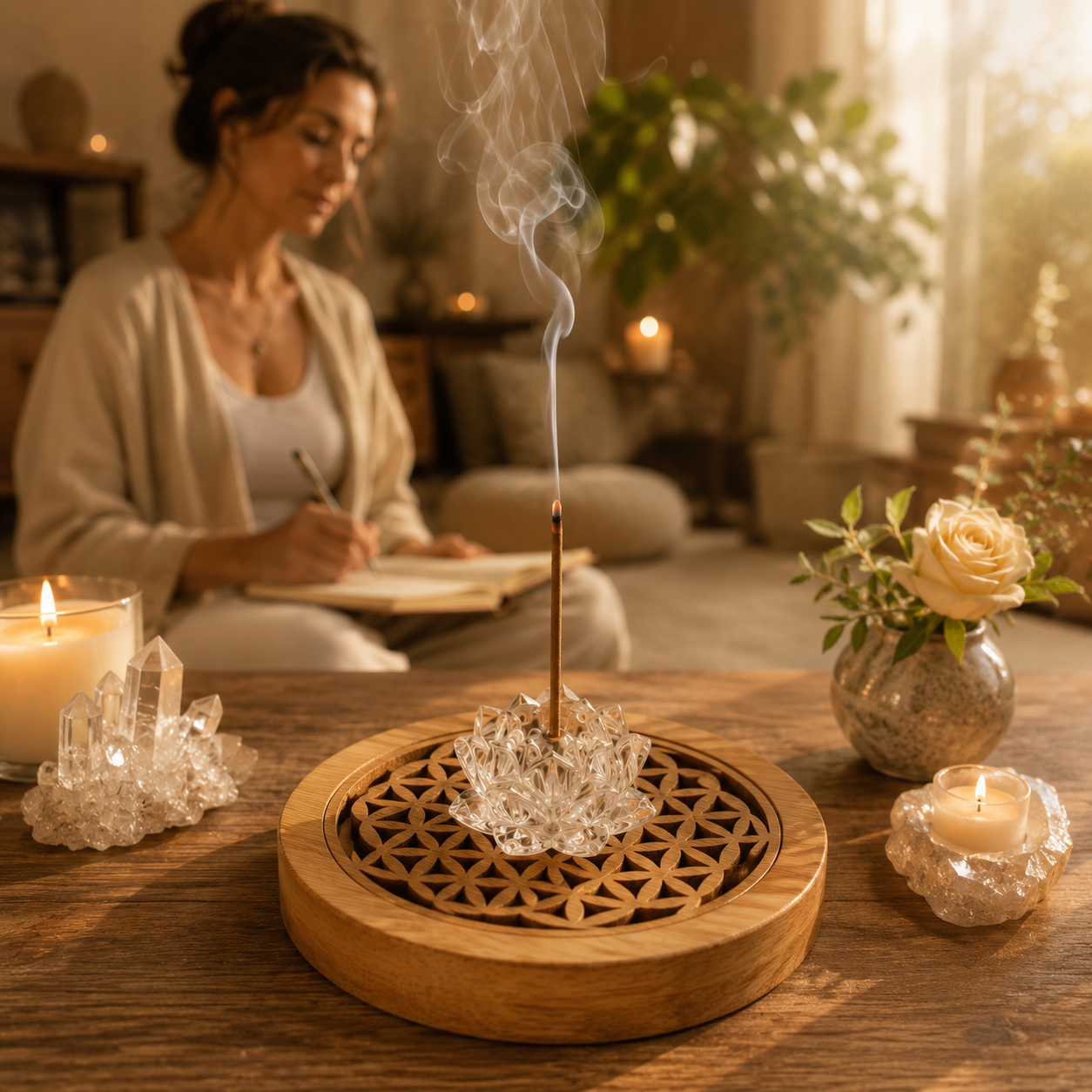 Clarity & Positive Energy Lotus Incense Holder — Hand-Carved Clear Quartz Crystal for Meditation, Yoga Studio, Altar & Sacred Space Décor