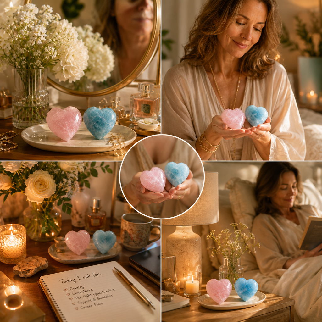 Love, Communication & Confidence Crystal Hearts — Rose Quartz and Aquamarine Heart Set for Throat Chakra, Career Intentions & Meaningful Gifts