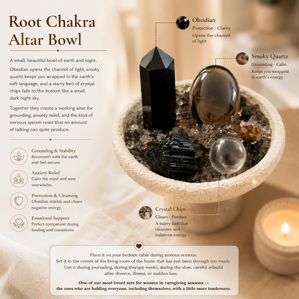 Grounding & Protection Root Chakra Bowl — Obsidian, Smoky Quartz & Crystal Chips for Meditation Altar and Peaceful Home Décor