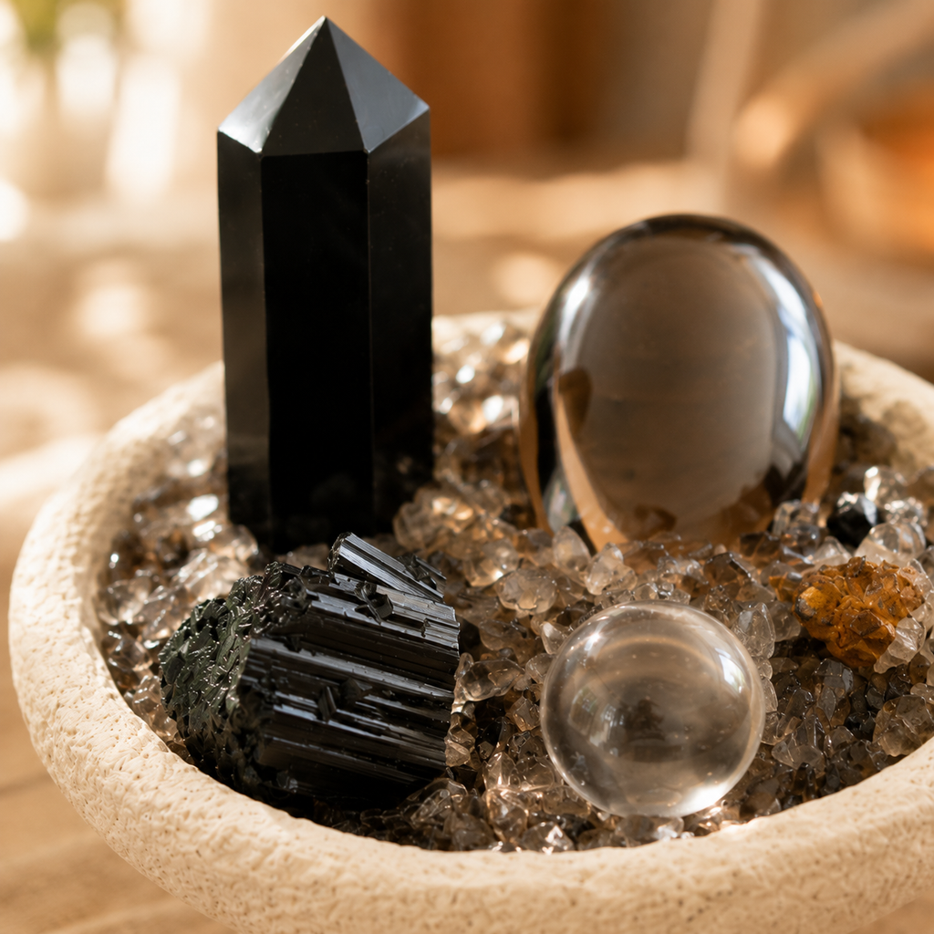Grounding & Protection Root Chakra Bowl — Obsidian, Smoky Quartz & Crystal Chips for Meditation Altar and Peaceful Home Décor