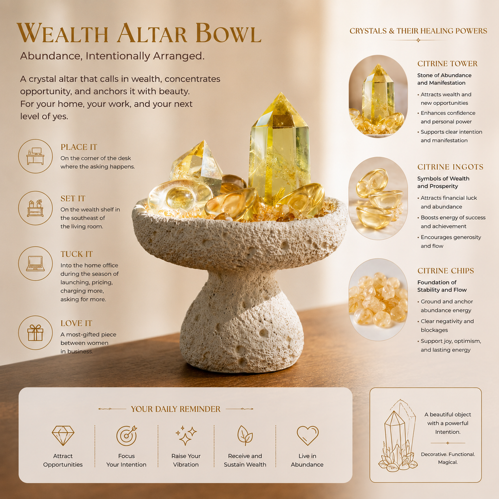 Prosperity & Abundance Crystal Bowl Set — Citrine, Clear Quartz Tower & Gold Ingots for Manifestation Altar, Office or Feng Shui Wealth Corner