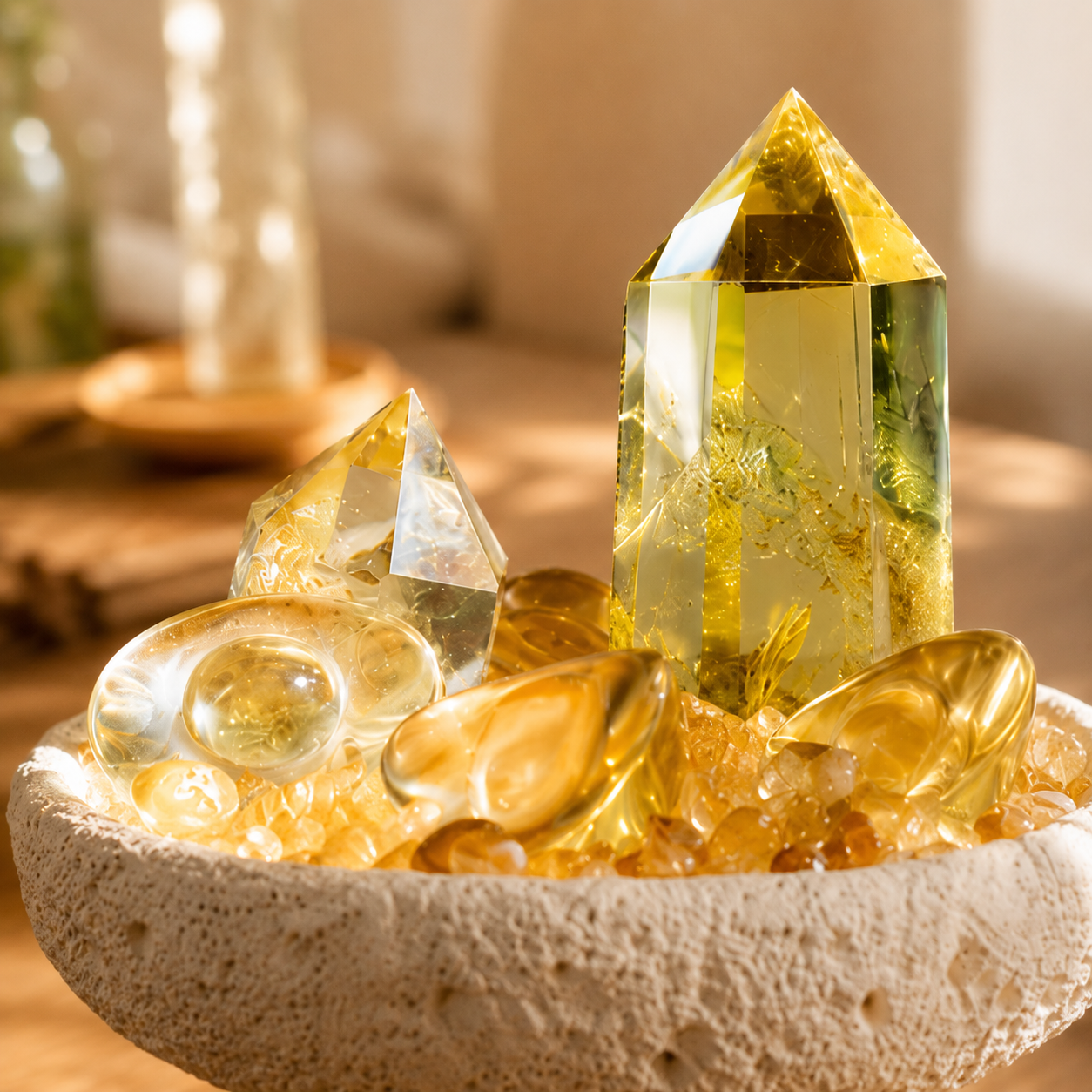 Prosperity & Abundance Crystal Bowl Set — Citrine, Clear Quartz Tower & Gold Ingots for Manifestation Altar, Office or Feng Shui Wealth Corner