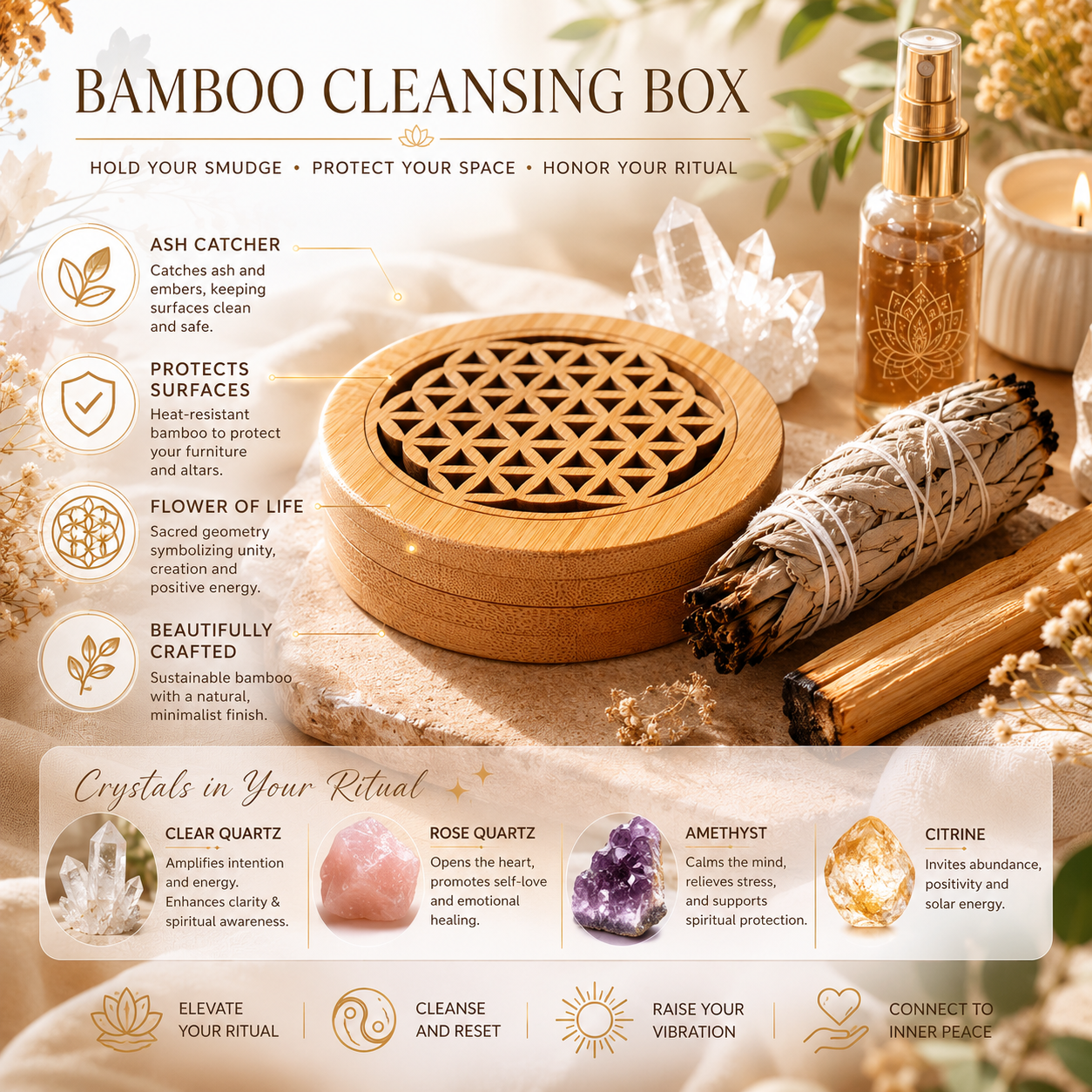 Energy Cleansing & Sacred Ritual Bamboo Box — Flower of Life Smudge Holder