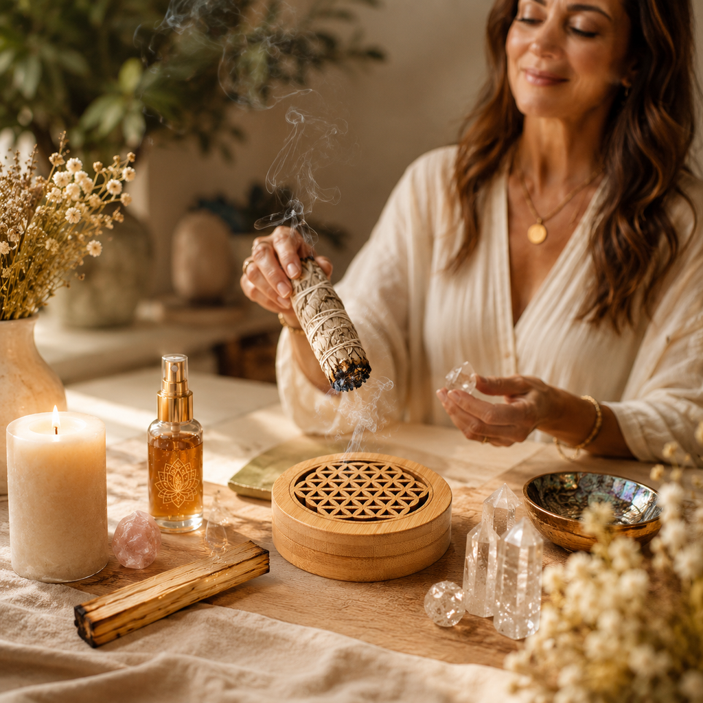 Energy Cleansing & Sacred Ritual Bamboo Box — Flower of Life Smudge Holder