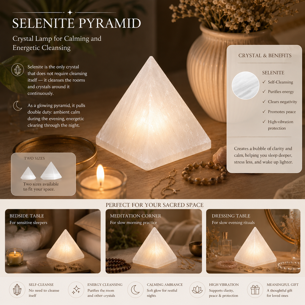 Calming Sleep & Inner Peace Selenite Pyramid Night Light — Premium Crystal Lamp