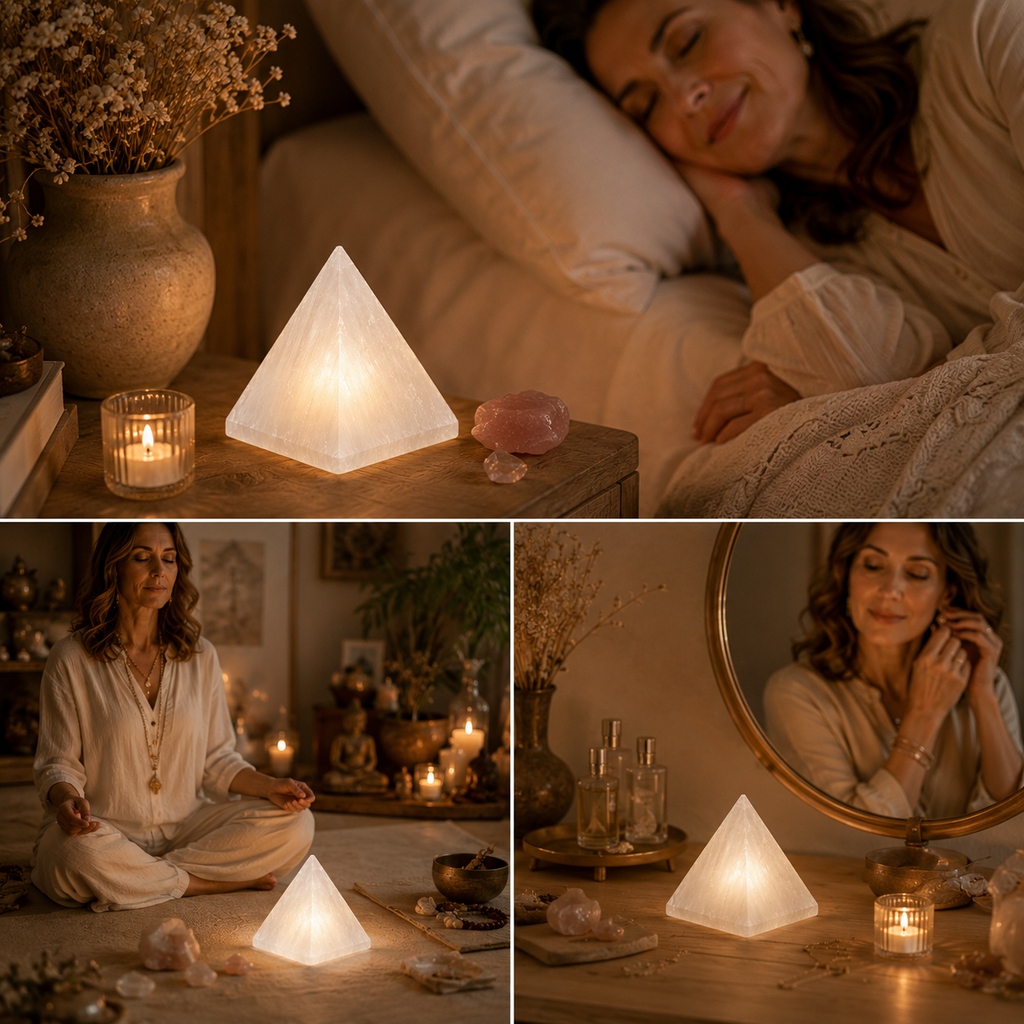 Calming Sleep & Inner Peace Selenite Pyramid Night Light — Premium Crystal Lamp