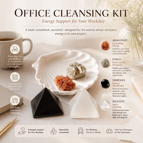 Office Energy Cleansing & Focus Crystal Kit — Aragonite, Pyrite, Obsidian & Selenite Set