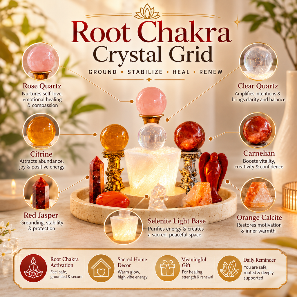 Inner Stability & Grounding Root Chakra Crystal Grid — Premium Healing Altar