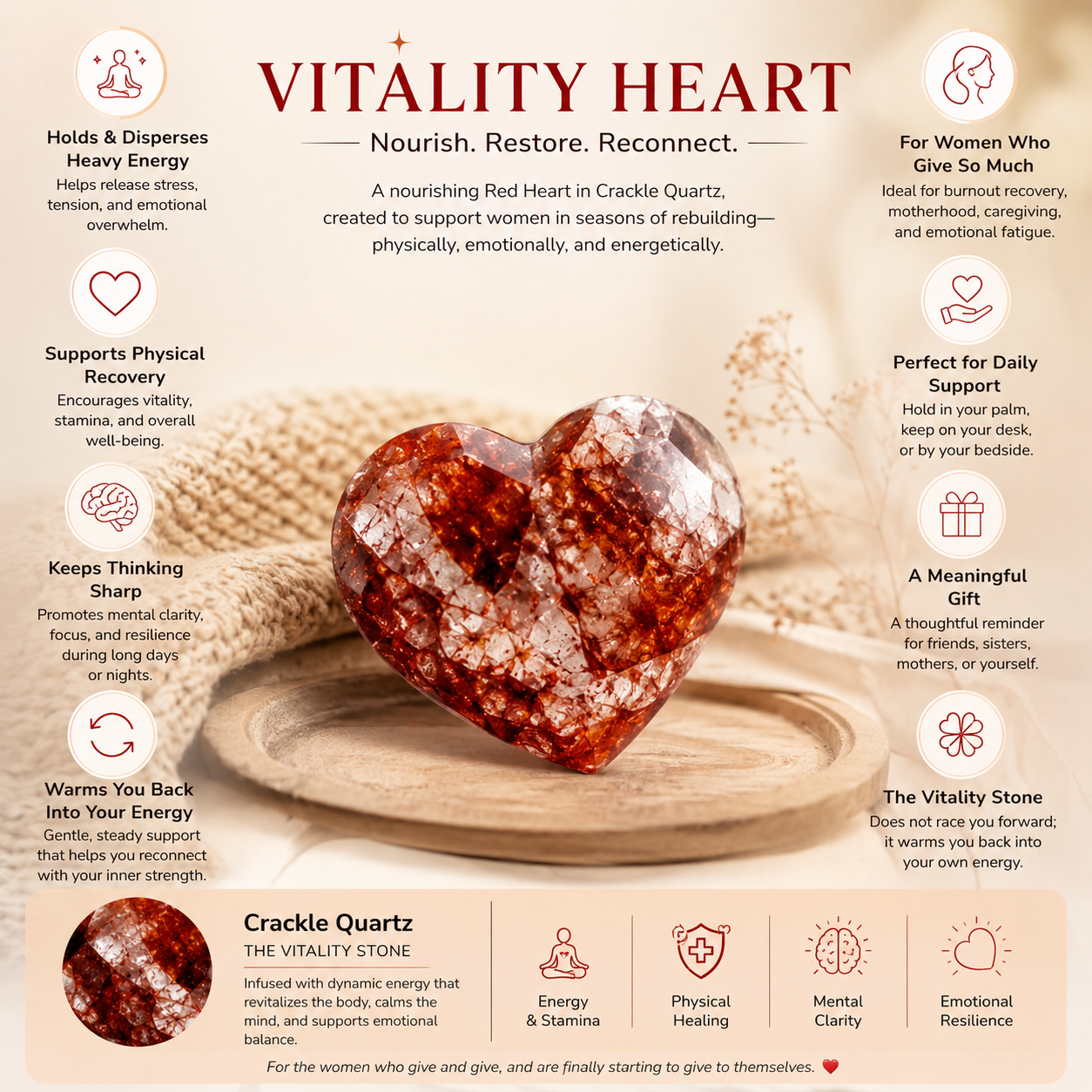 Energy, Motivation & Focus Crystal Heart — Red Crackle Quartz Stone for Positive Intentions, Desk Décor or Pocket Carry