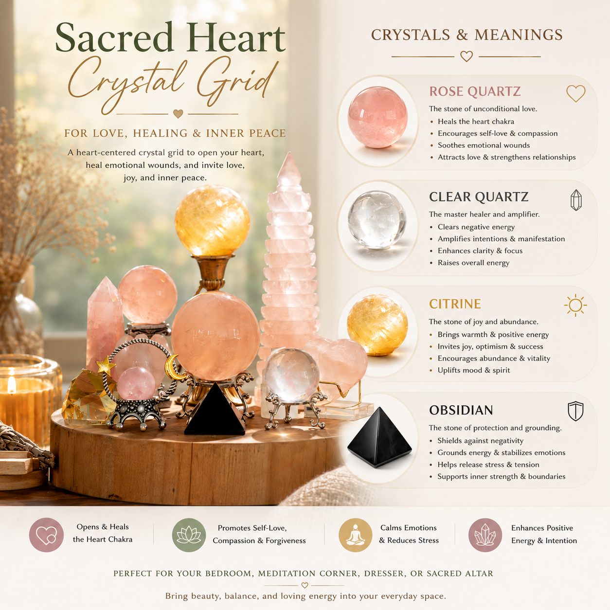 Self-Love & Emotional Healing Heart Chakra Crystal Grid — Premium Crystal Altar