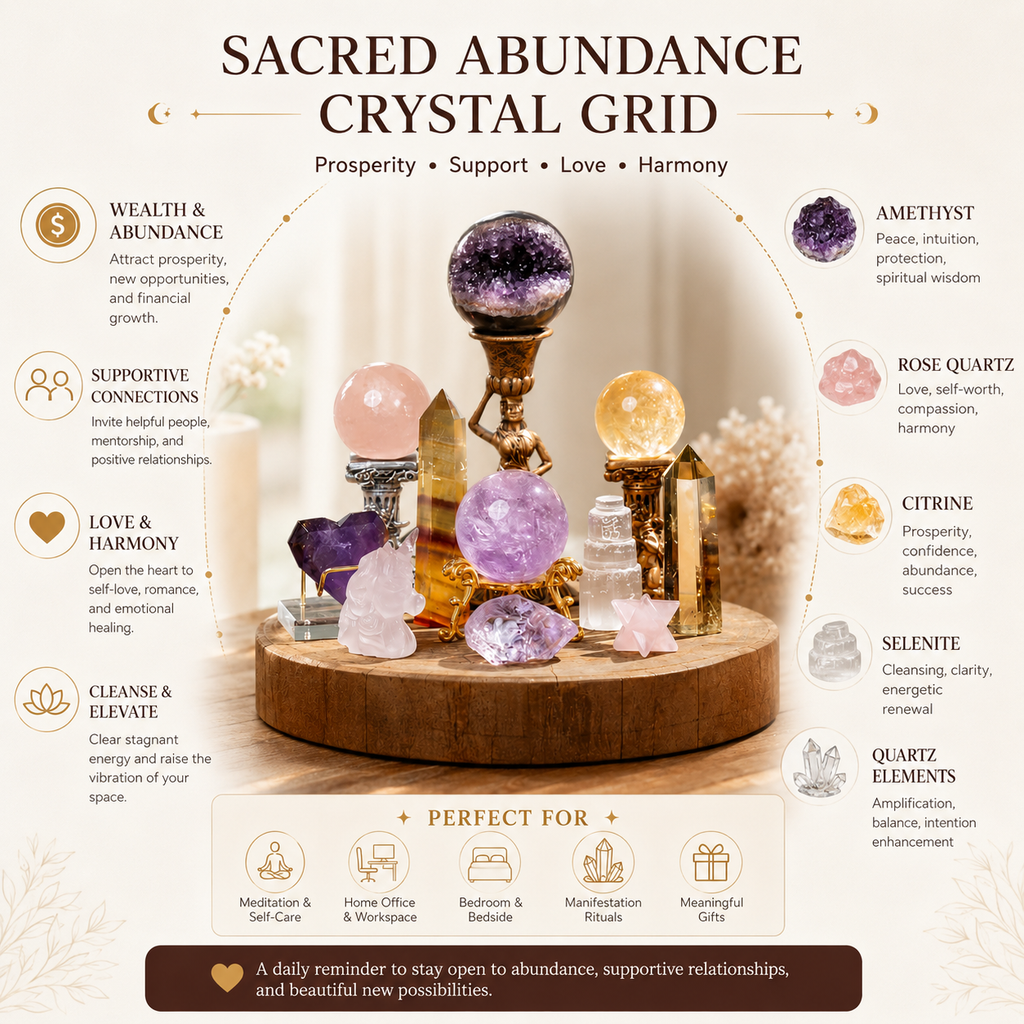 Wealth, Mentor Luck & Romance Manifestation — Triple-Purpose Crystal Grid for Abundance, Connections & Love