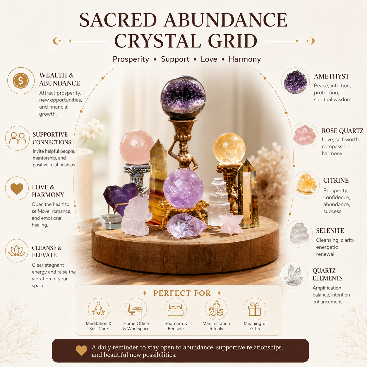 Wealth, Mentor Luck & Romance Manifestation — Triple-Purpose Crystal Grid for Abundance, Connections & Love