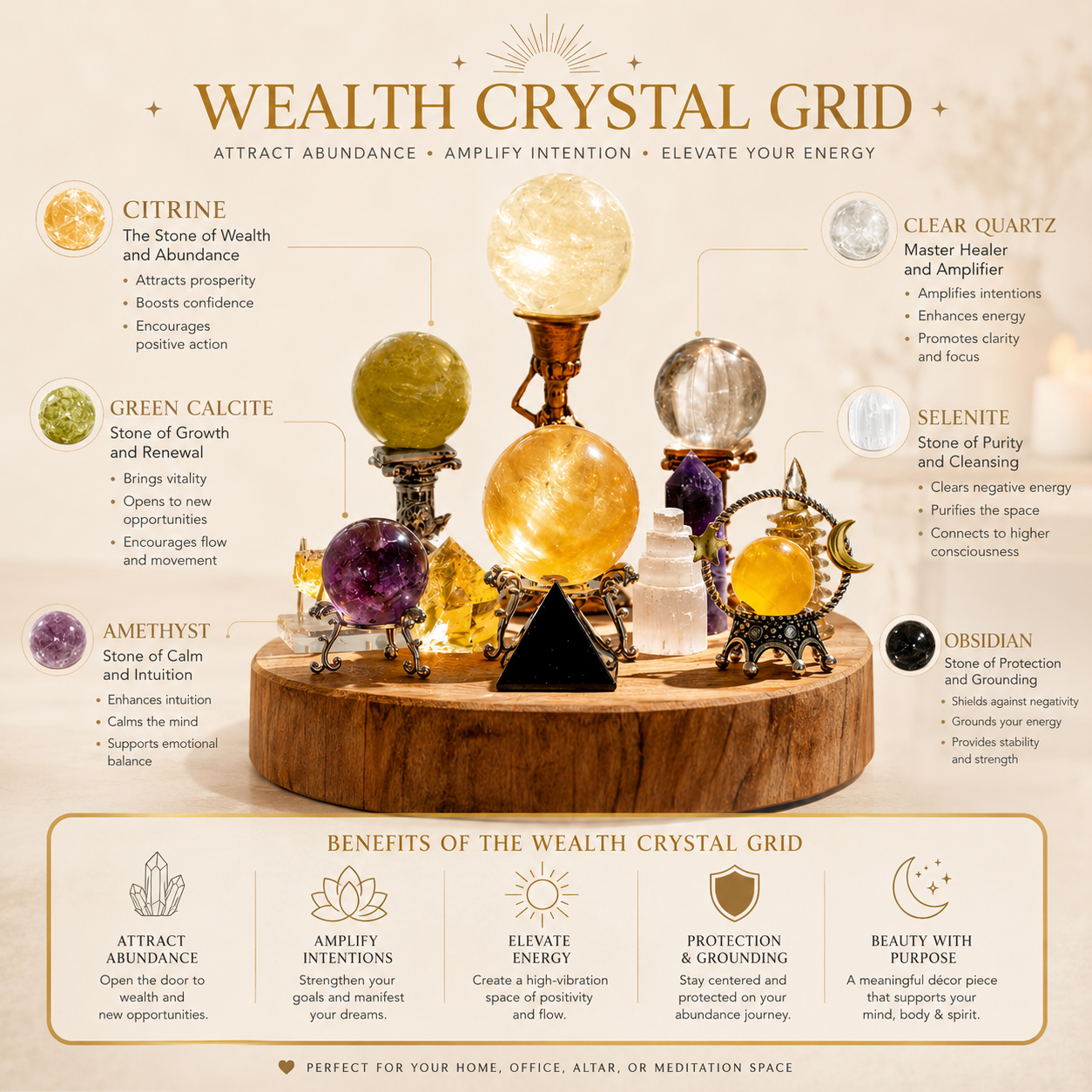 Abundance & Wealth Manifestation — Premium Crystal Grid for Office & Home Prosperity Corner