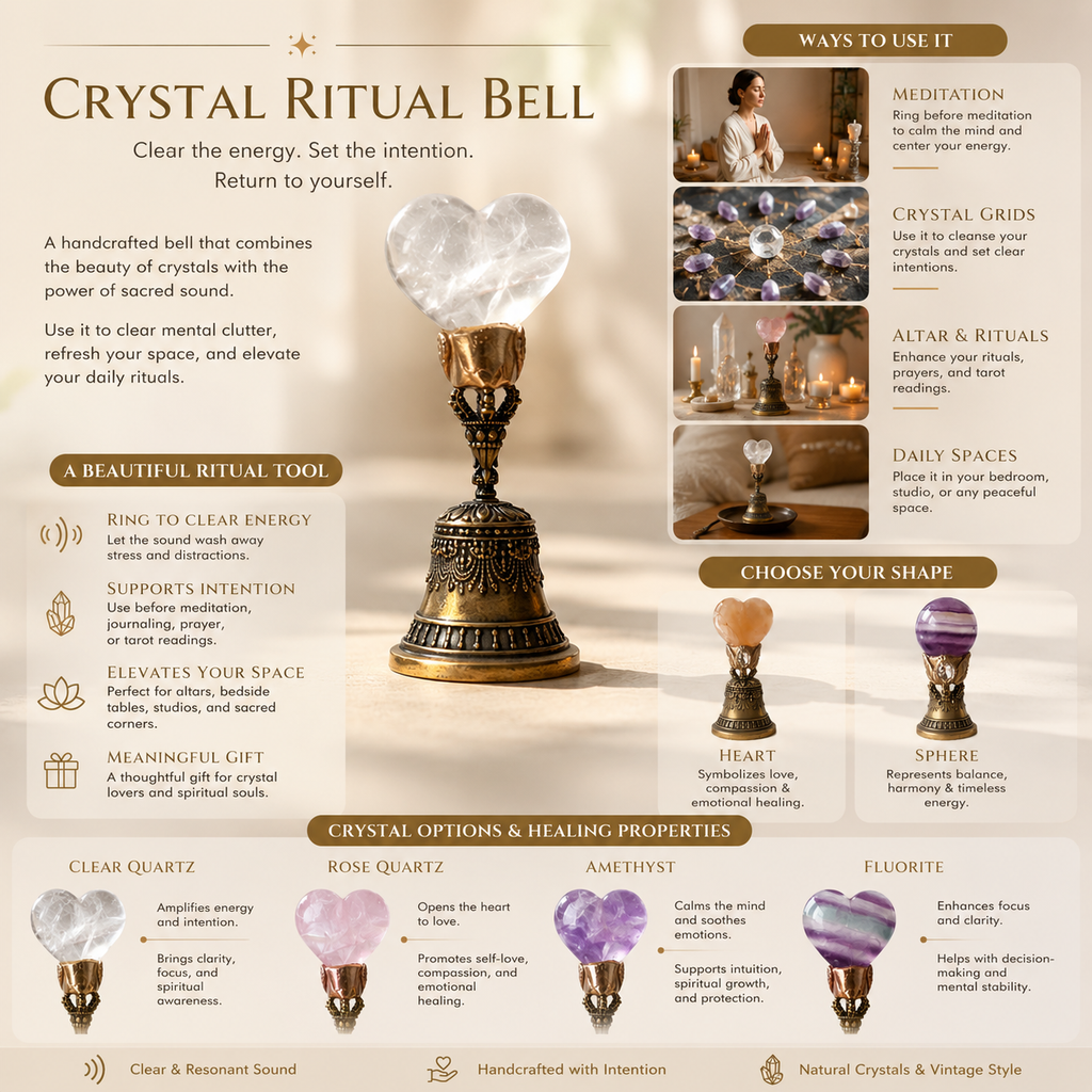 Energy Cleansing, Meditation & Intention Setting — Handcrafted Crystal Bell with Clear Quartz Top, Available in Rose Quartz, Amethyst or Fluorite Heart and Sphere Designs