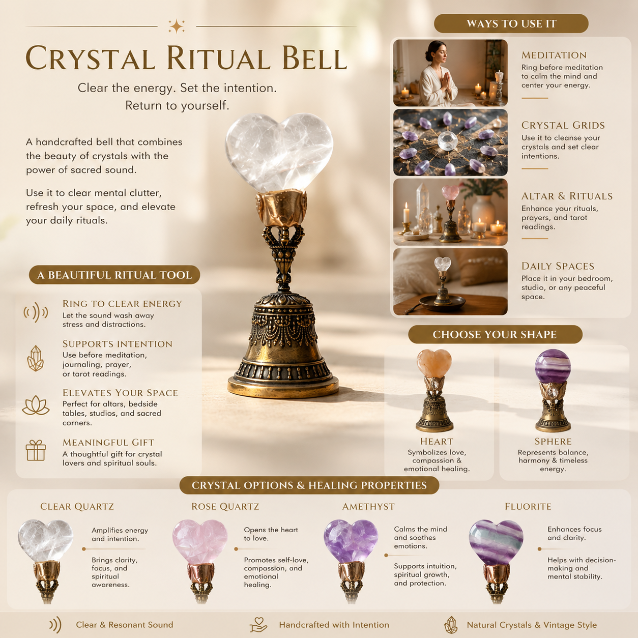 Energy Cleansing, Meditation & Intention Setting — Handcrafted Crystal Bell with Clear Quartz Top, Available in Rose Quartz, Amethyst or Fluorite Heart and Sphere Designs