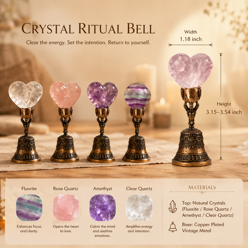 Energy Cleansing, Meditation & Intention Setting — Handcrafted Crystal Bell with Clear Quartz Top, Available in Rose Quartz, Amethyst or Fluorite Heart and Sphere Designs