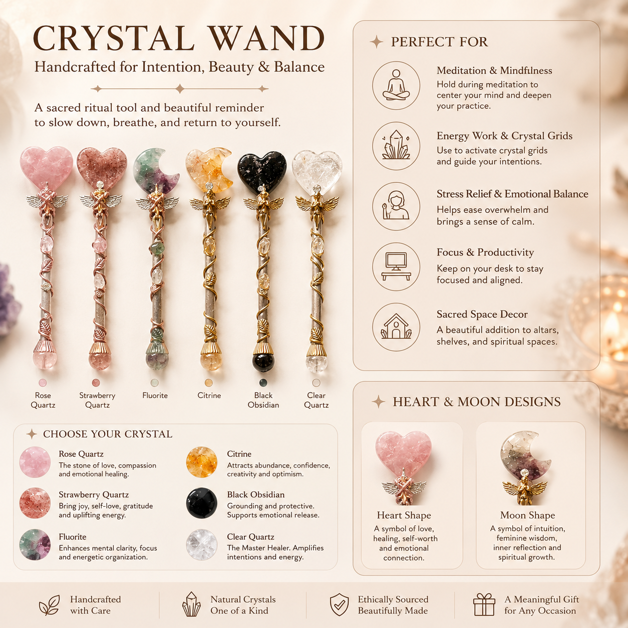 Energy Cleansing, Intention Setting & Spiritual Focus — Handcrafted Heart and Moon Crystal Wand for Meditation, Crystal Grids & Altar, Available in Rose Quartz, Strawberry Quartz, Fluorite, Citrine, Obsidian or Clear Quartz