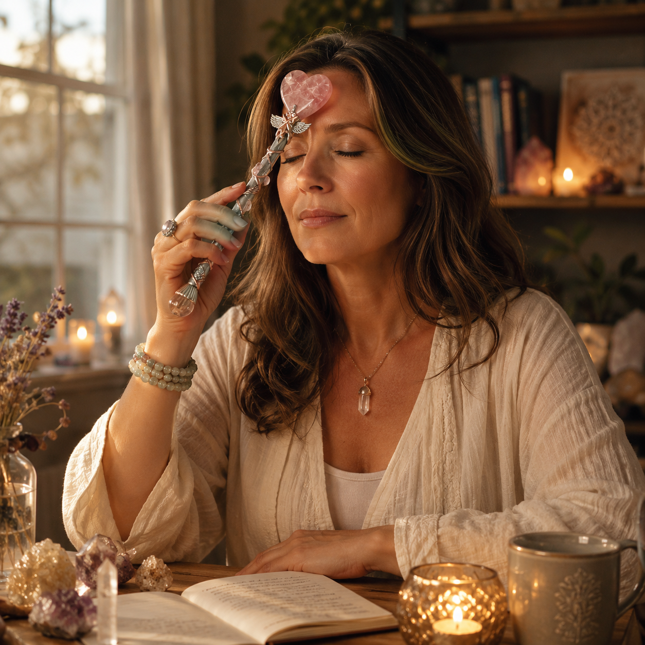 Energy Cleansing, Intention Setting & Spiritual Focus — Handcrafted Heart and Moon Crystal Wand for Meditation, Crystal Grids & Altar, Available in Rose Quartz, Strawberry Quartz, Fluorite, Citrine, Obsidian or Clear Quartz