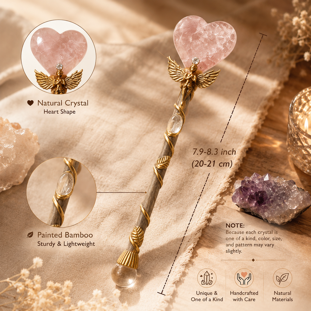 Energy Cleansing, Intention Setting & Spiritual Focus — Handcrafted Heart and Moon Crystal Wand for Meditation, Crystal Grids & Altar, Available in Rose Quartz, Strawberry Quartz, Fluorite, Citrine, Obsidian or Clear Quartz