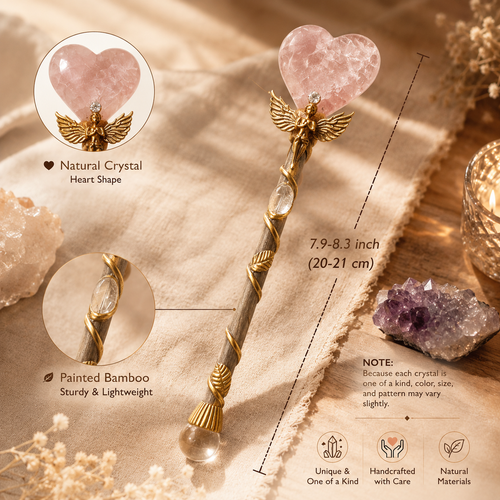 Energy Cleansing, Intention Setting & Spiritual Focus — Handcrafted Heart and Moon Crystal Wand for Meditation, Crystal Grids & Altar, Available in Rose Quartz, Strawberry Quartz, Fluorite, Citrine, Obsidian or Clear Quartz