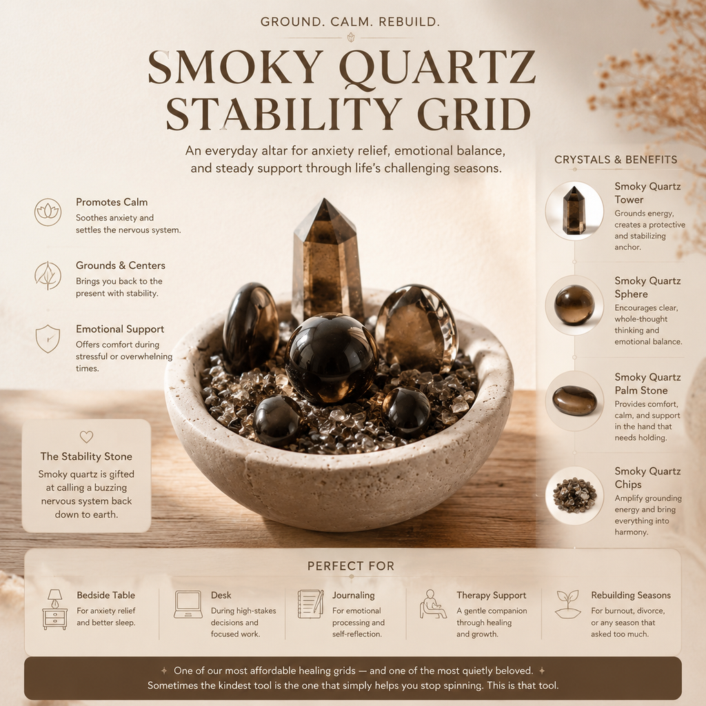 Grounding, Stability & Clear Decision-Making — Smoky Quartz Crystal Grid Set with Tower, Sphere & Palm Stone for Meditation, Desk & Altar Décor