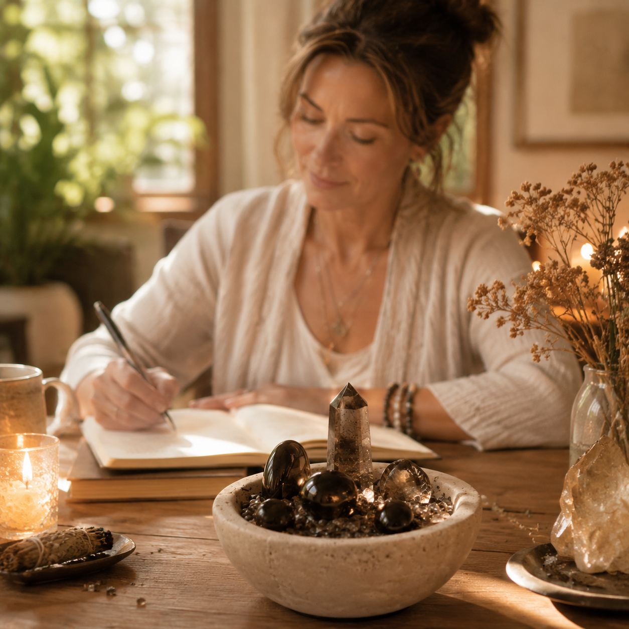 Grounding, Stability & Clear Decision-Making — Smoky Quartz Crystal Grid Set with Tower, Sphere & Palm Stone for Meditation, Desk & Altar Décor