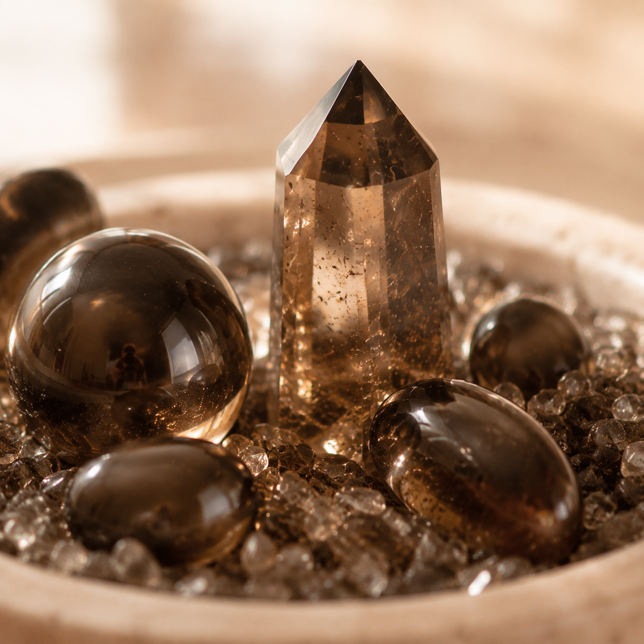 Grounding, Stability & Clear Decision-Making — Smoky Quartz Crystal Grid Set with Tower, Sphere & Palm Stone for Meditation, Desk & Altar Décor
