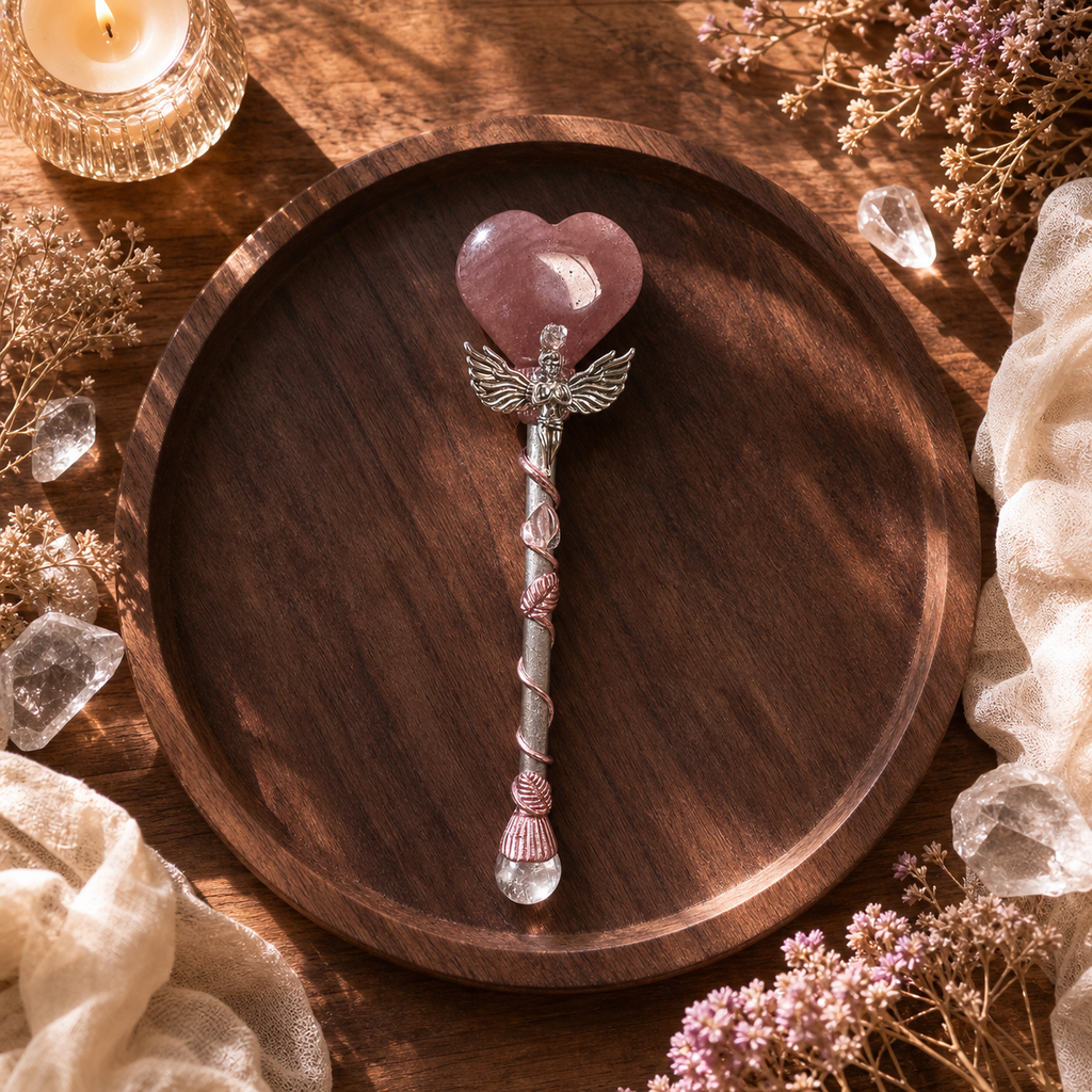 Energy Cleansing, Intention Setting & Spiritual Focus — Handcrafted Heart and Moon Crystal Wand for Meditation, Crystal Grids & Altar, Available in Rose Quartz, Strawberry Quartz, Fluorite, Citrine, Obsidian or Clear Quartz