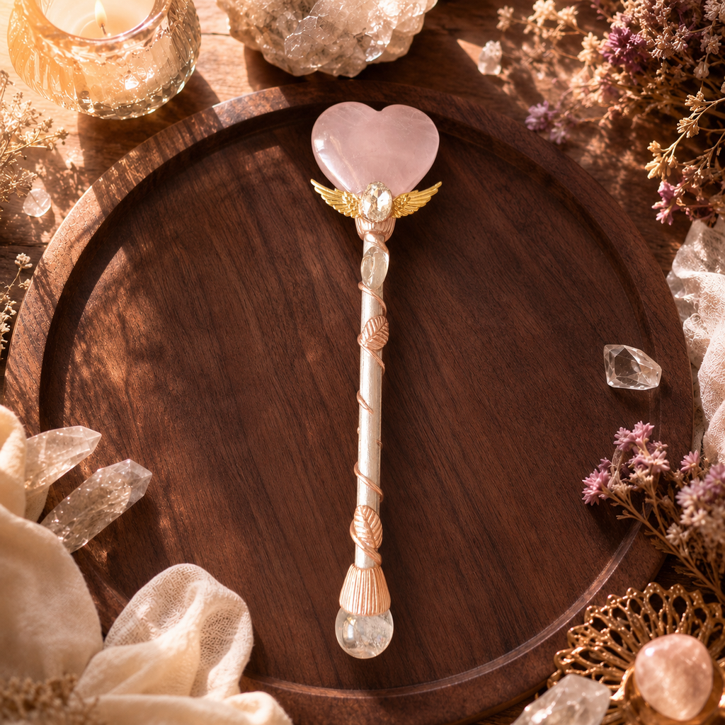 Energy Cleansing, Intention Setting & Spiritual Focus — Handcrafted Heart and Moon Crystal Wand for Meditation, Crystal Grids & Altar, Available in Rose Quartz, Strawberry Quartz, Fluorite, Citrine, Obsidian or Clear Quartz