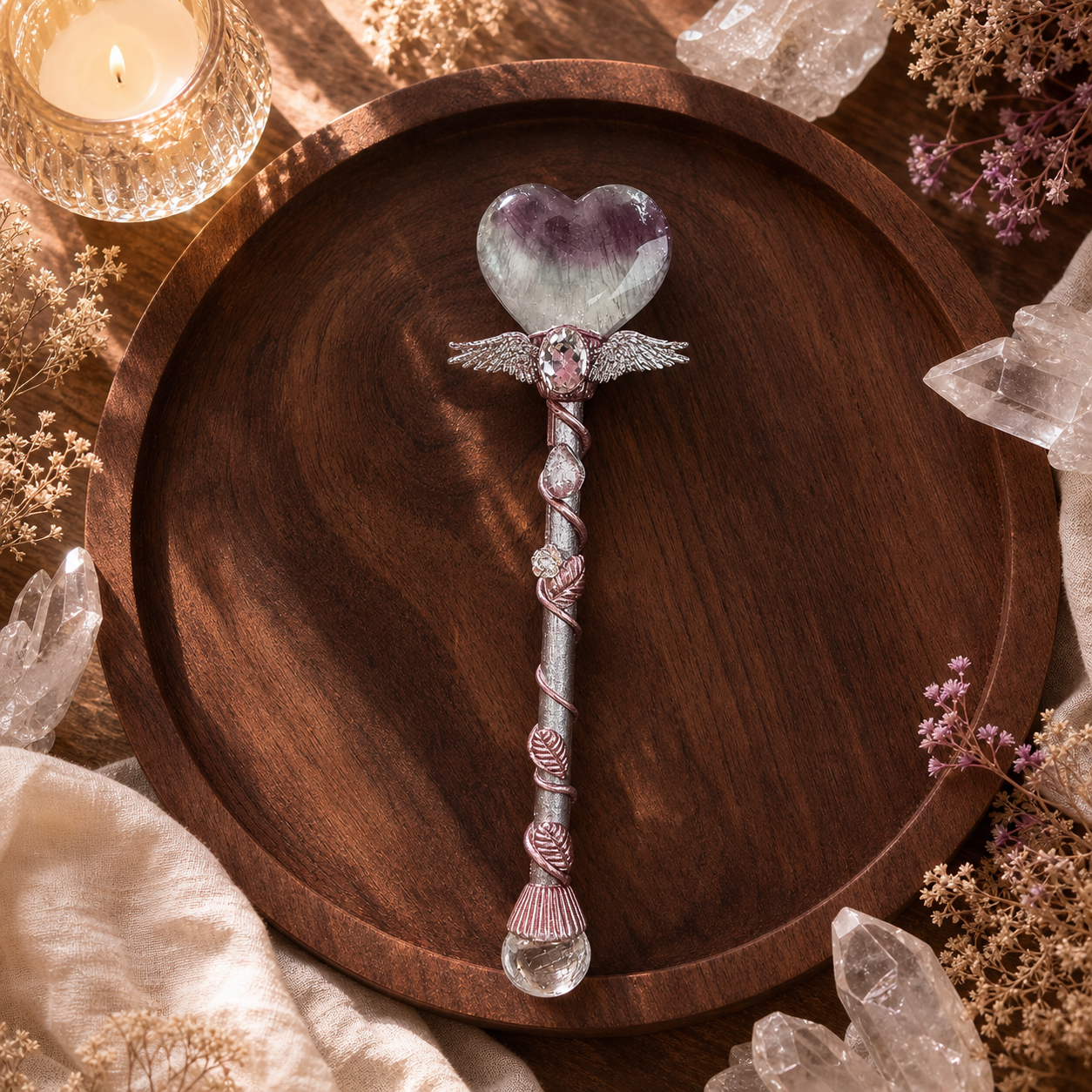 Energy Cleansing, Intention Setting & Spiritual Focus — Handcrafted Heart and Moon Crystal Wand for Meditation, Crystal Grids & Altar, Available in Rose Quartz, Strawberry Quartz, Fluorite, Citrine, Obsidian or Clear Quartz